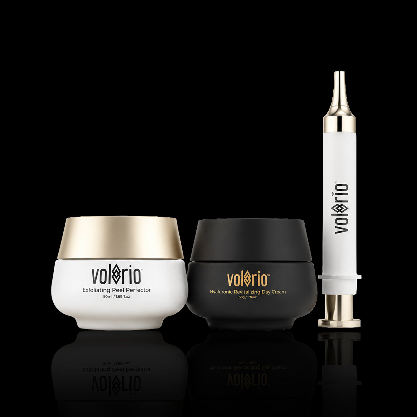 Hyaluronic Revitalizing Cream, Exfoliating Peel Perfector and Anti-Aging Power Syringe