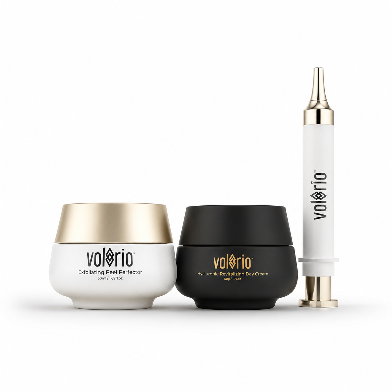 Hyaluronic Revitalizing Cream, Exfoliating Peel Perfector and Anti-Aging Power Syringe
